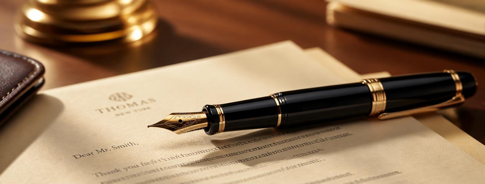 Stylo plume posé sur des actes notariés prêts à être signés
